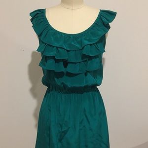 Ruffled, emerald green silk mini dress